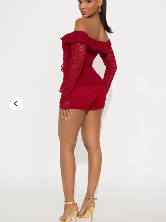 Fashion Nova Red Off-Shoulder Ruffle Romper - Picture 2 of 7
